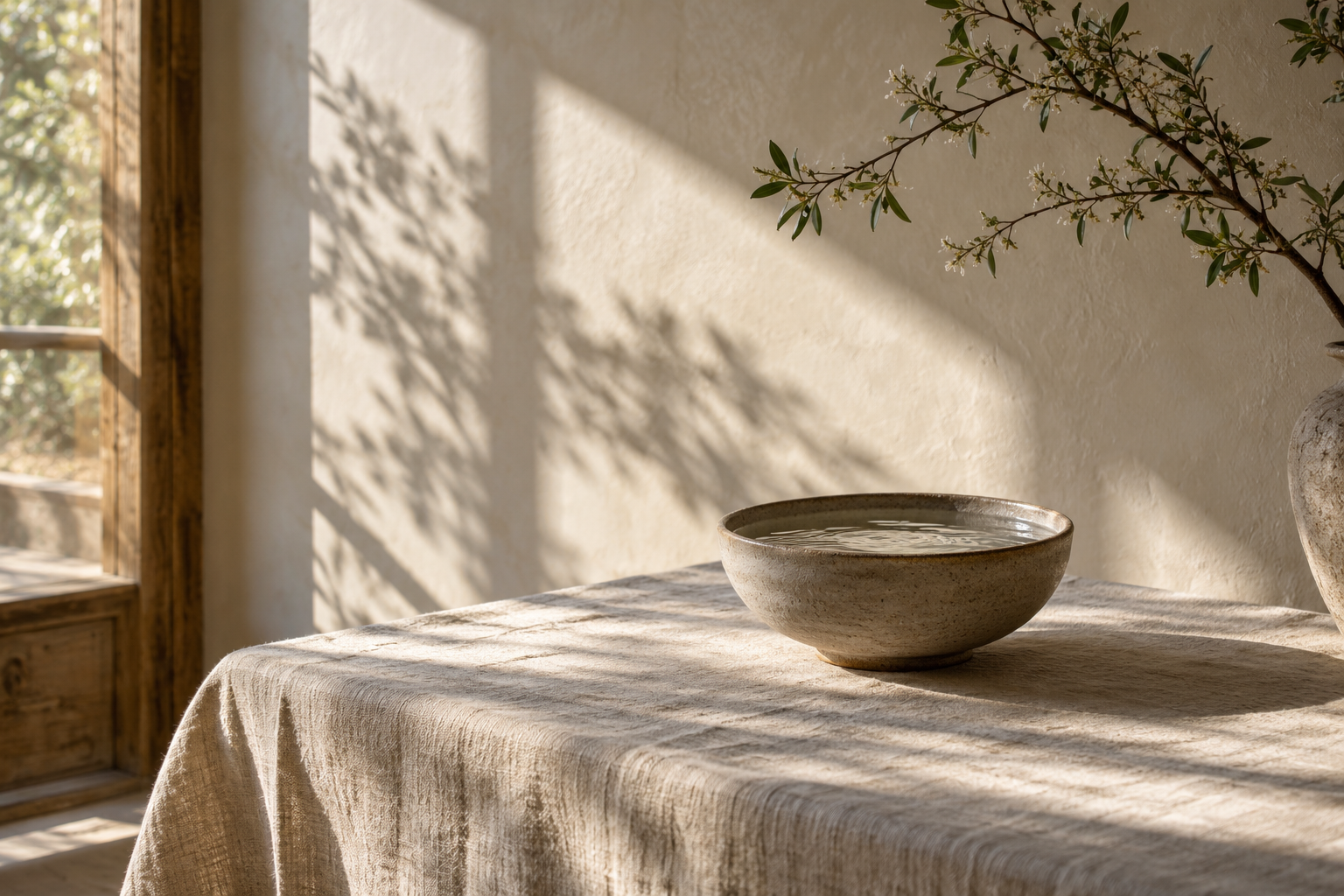 Soft sunlight and branch shadows across a quiet room with a ceramic bowl